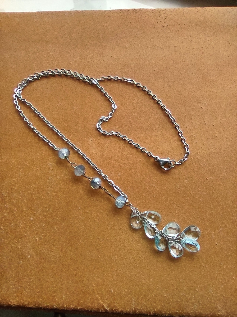 Silver Chain Necklace with Light Blue Gem Drop Pendant - Unbranded